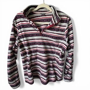 Eddie Bauer Fair Isle Fleece Pullover Women’s L Red Nordic Print 1/4 Zip Cozy
